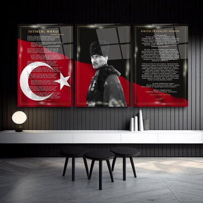Atatürk Köşesi Üçlü Set Cam Tablo