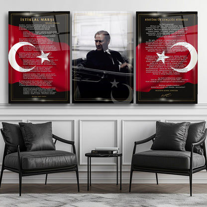 Atatürk Köşesi Üçlü Set Cam Tablo