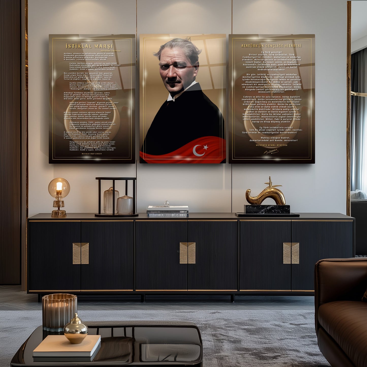Atatürk Köşesi Üçlü Set Cam Tablo