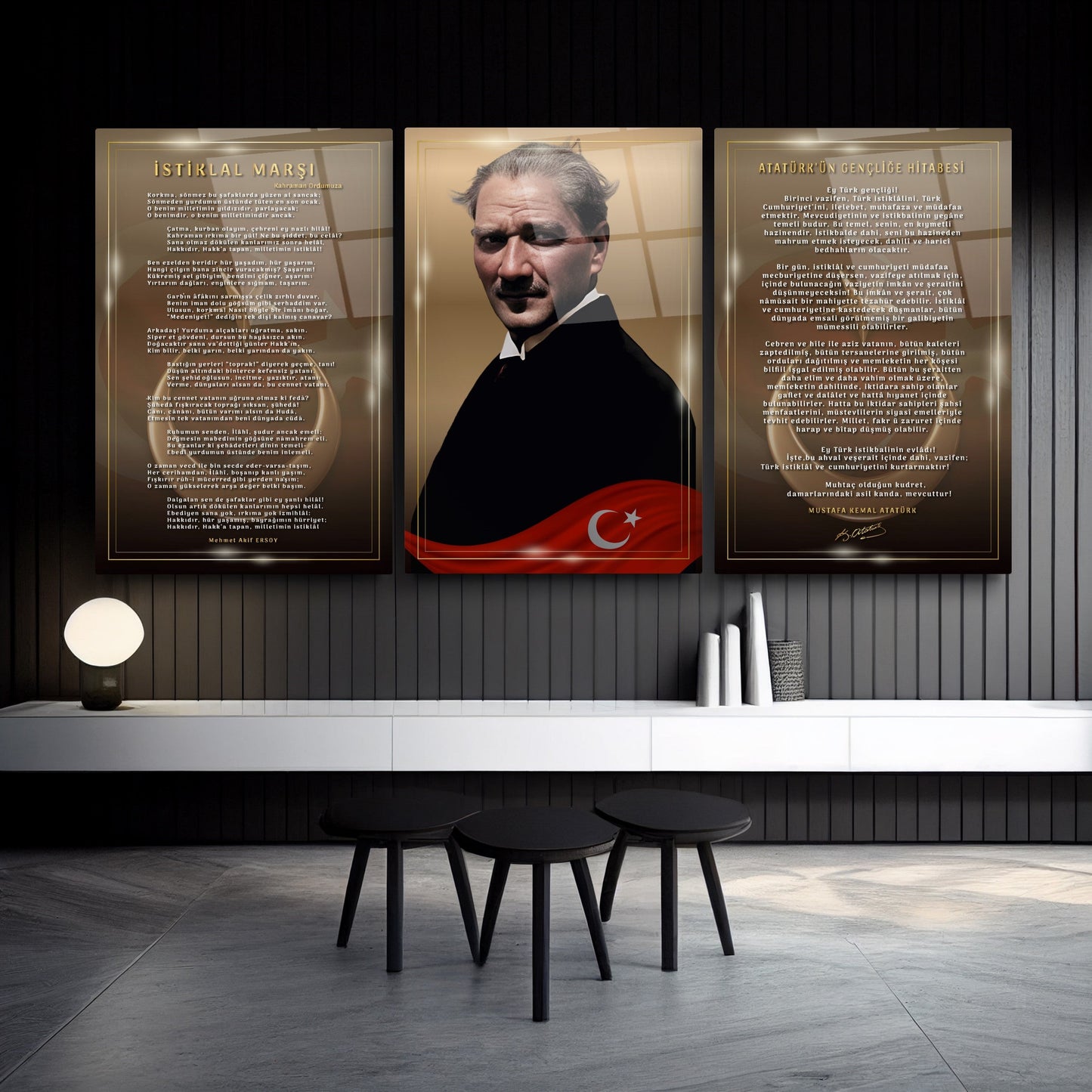 Atatürk Köşesi Üçlü Set Cam Tablo