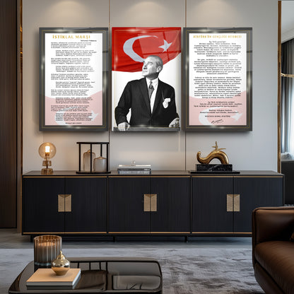 Atatürk Köşesi Üçlü Set Cam Tablo