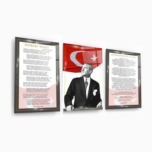 Atatürk Köşesi Üçlü Set Cam Tablo