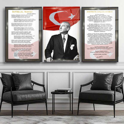 Atatürk Köşesi Üçlü Set Cam Tablo