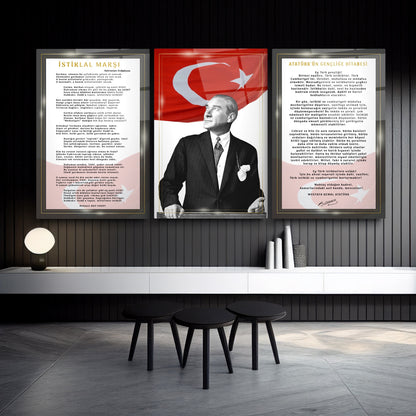 Atatürk Köşesi Üçlü Set Cam Tablo