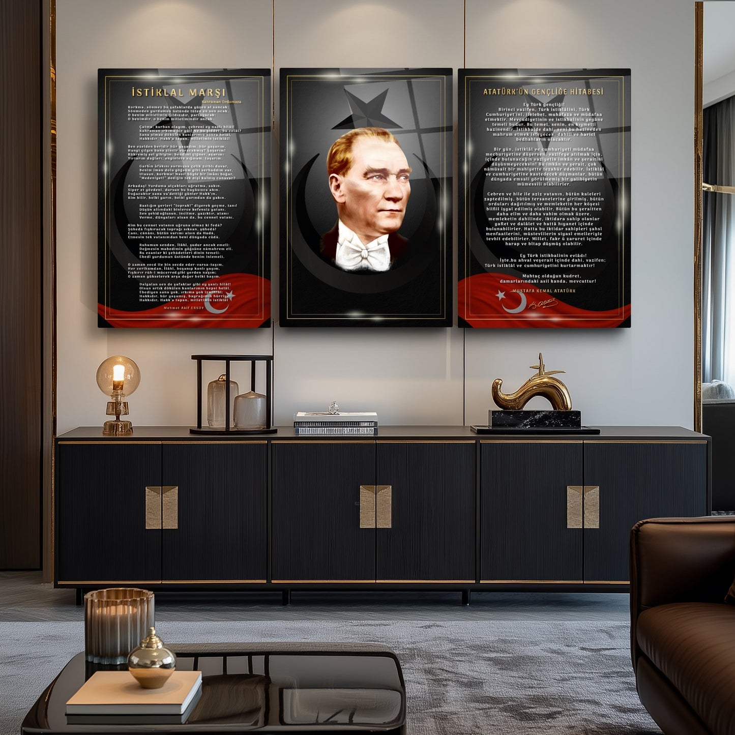 Atatürk Köşesi Üçlü Set Cam Tablo