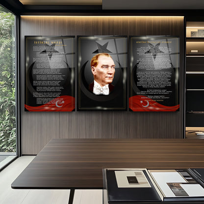 Atatürk Köşesi Üçlü Set Cam Tablo