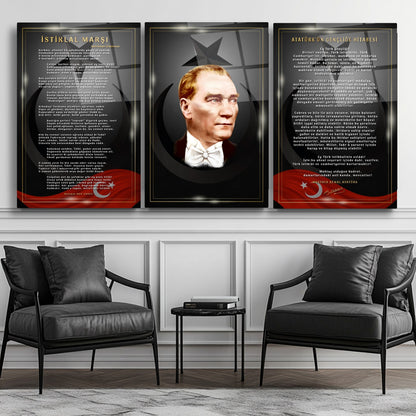 Atatürk Köşesi Üçlü Set Cam Tablo