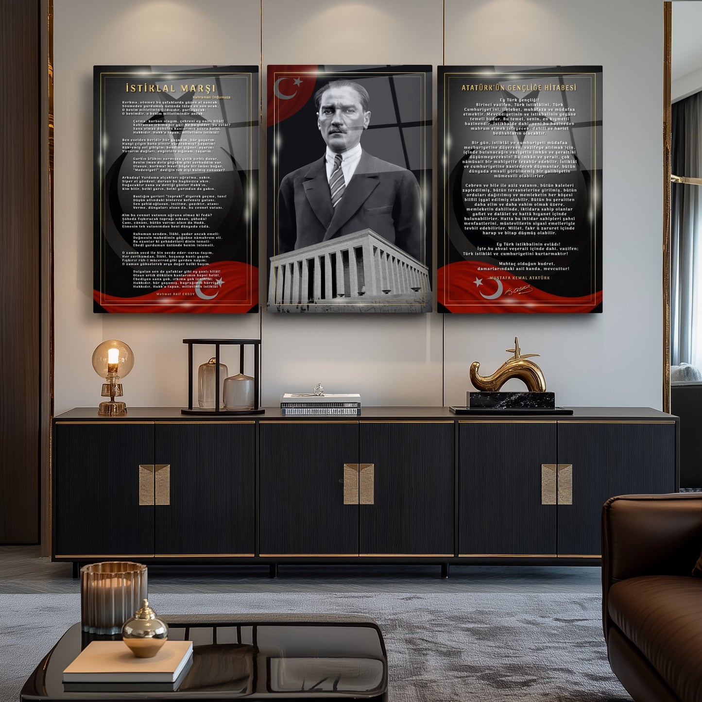 Atatürk Köşesi Üçlü Set Cam Tablo