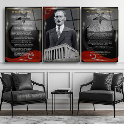 Atatürk Köşesi Üçlü Set Cam Tablo