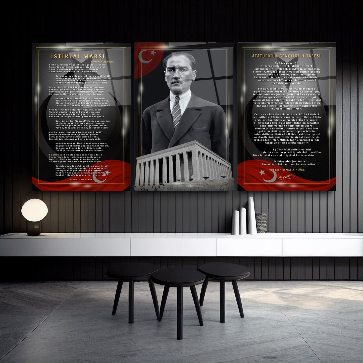 Atatürk Köşesi Üçlü Set Cam Tablo