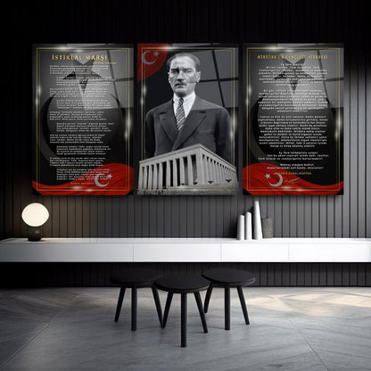 Atatürk Köşesi Üçlü Set Cam Tablo