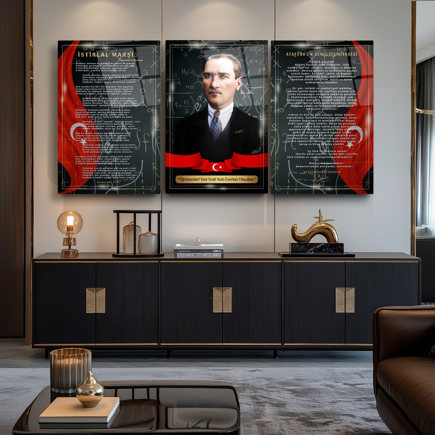 Atatürk Köşesi Üçlü Set Cam Tablo