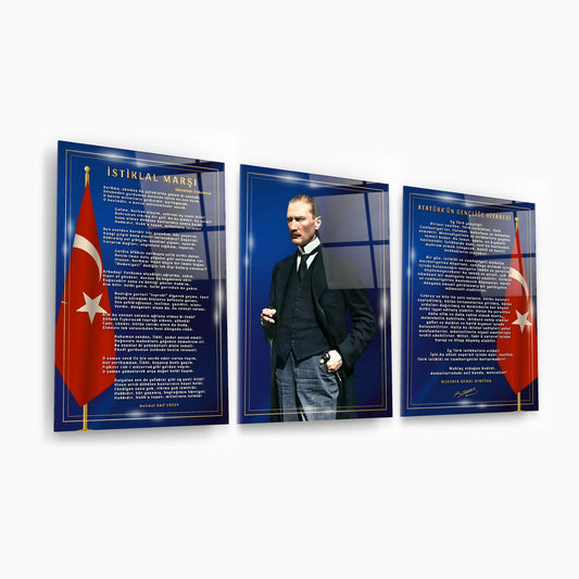Atatürk Köşesi Üçlü Set Cam Tablo