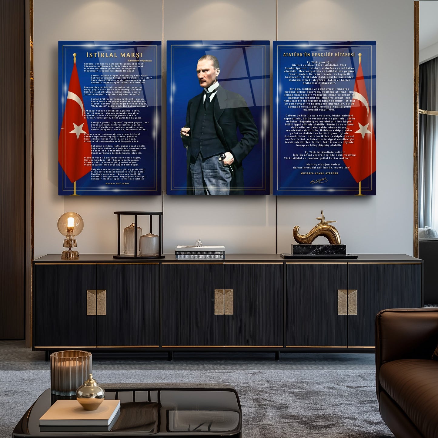 Atatürk Köşesi Üçlü Set Cam Tablo
