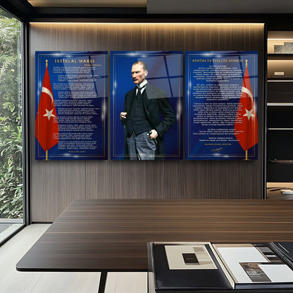 Atatürk Köşesi Üçlü Set Cam Tablo