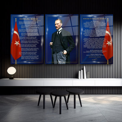 Atatürk Köşesi Üçlü Set Cam Tablo