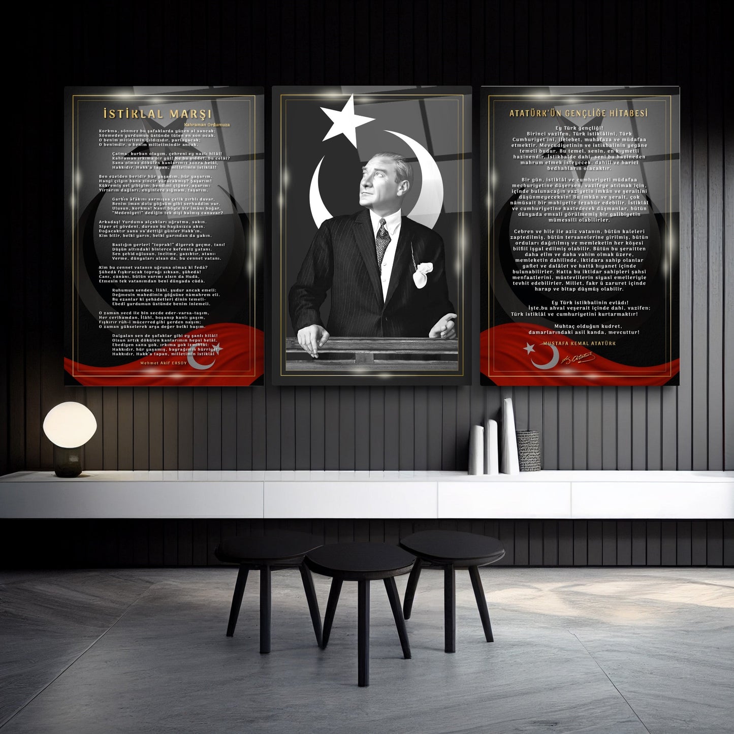 Atatürk Köşesi Üçlü Set Cam Tablo