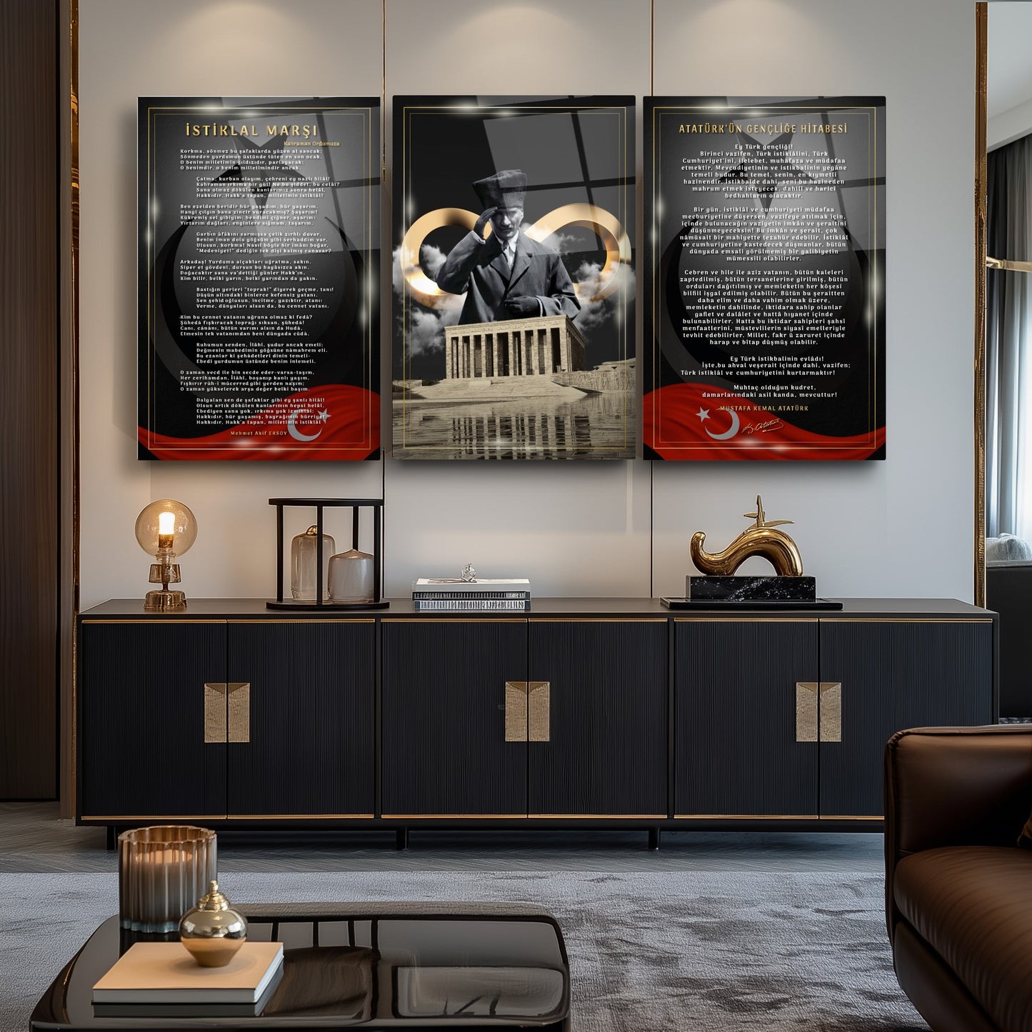 Atatürk Köşesi Üçlü Set Cam Tablo
