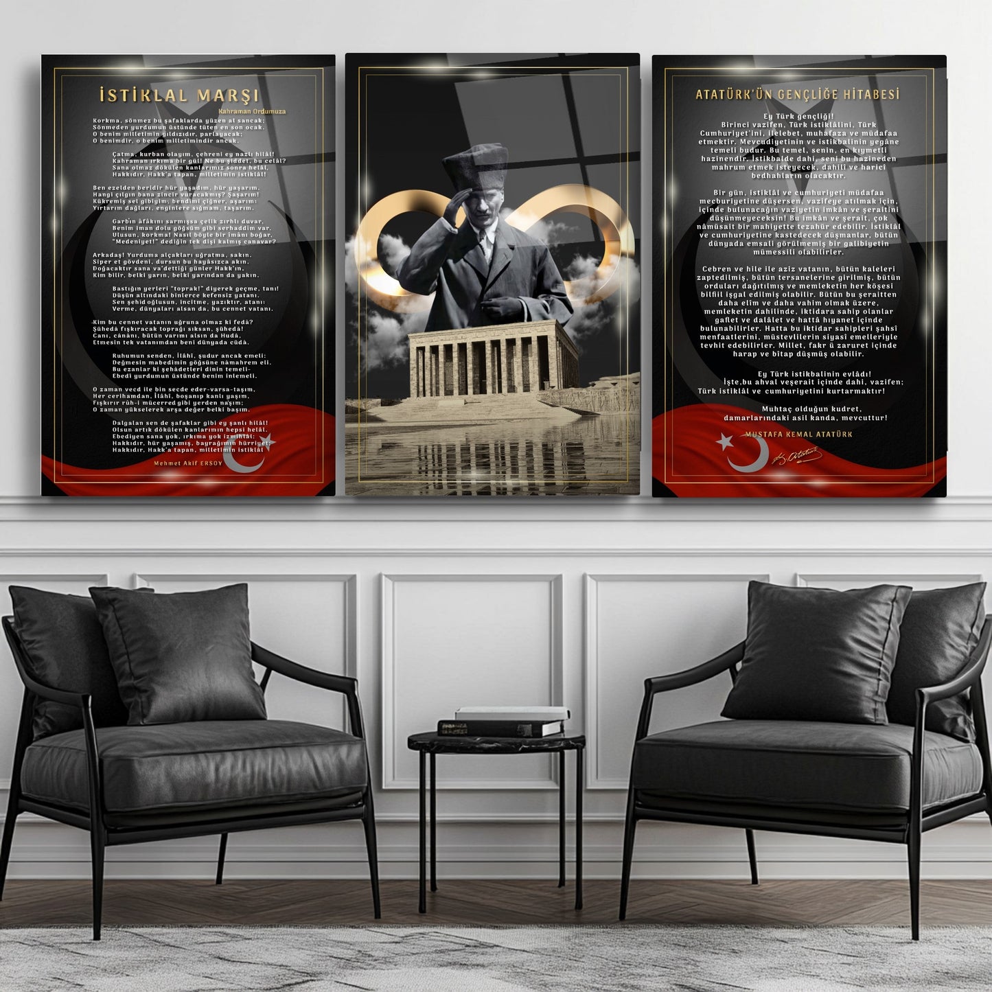 Atatürk Köşesi Üçlü Set Cam Tablo