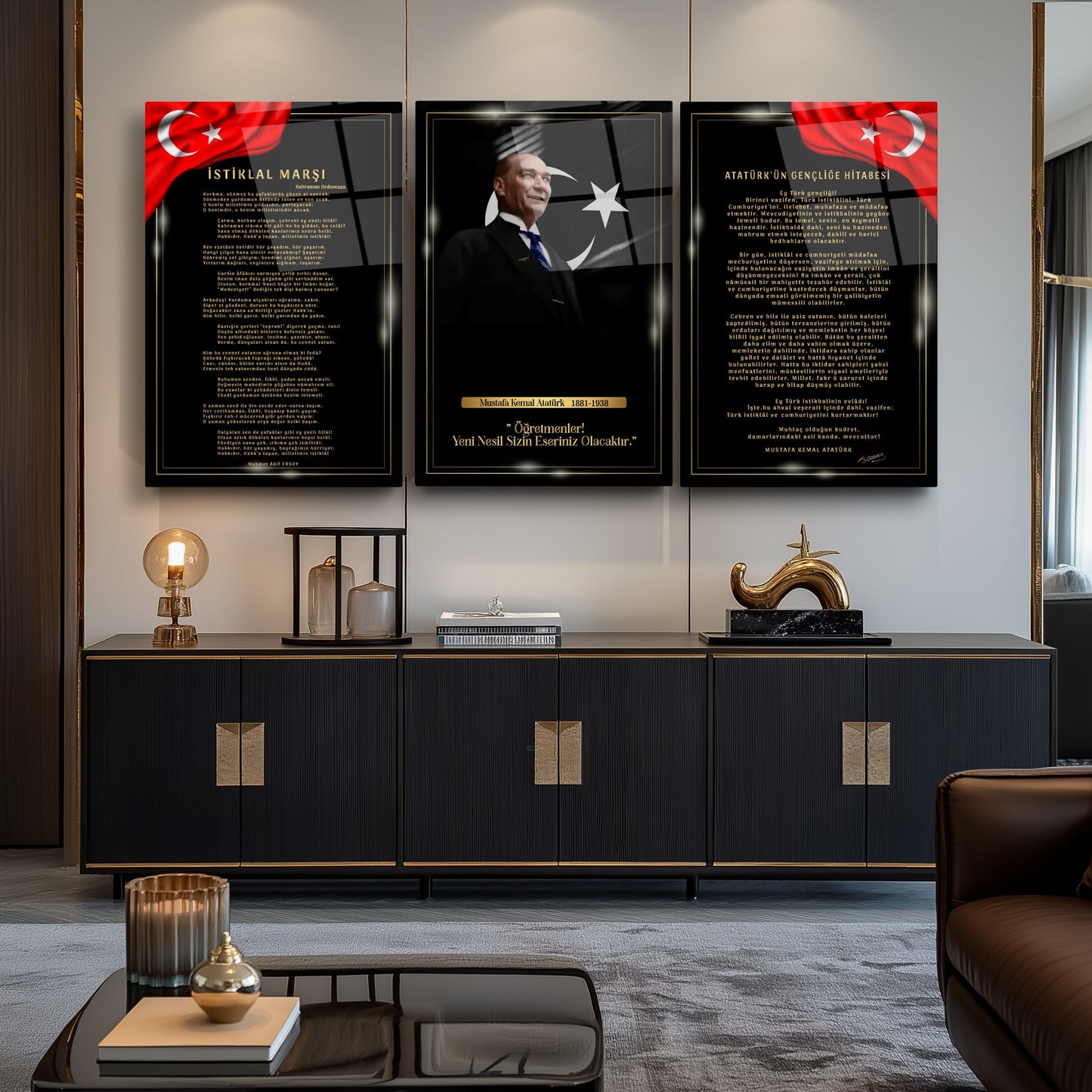 Atatürk Köşesi Üçlü Set Cam Tablo