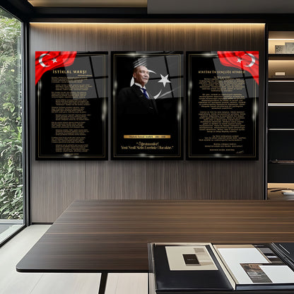 Atatürk Köşesi Üçlü Set Cam Tablo