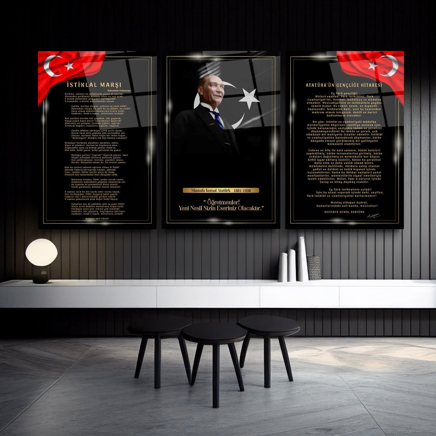 Atatürk Köşesi Üçlü Set Cam Tablo