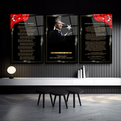 Atatürk Köşesi Üçlü Set Cam Tablo