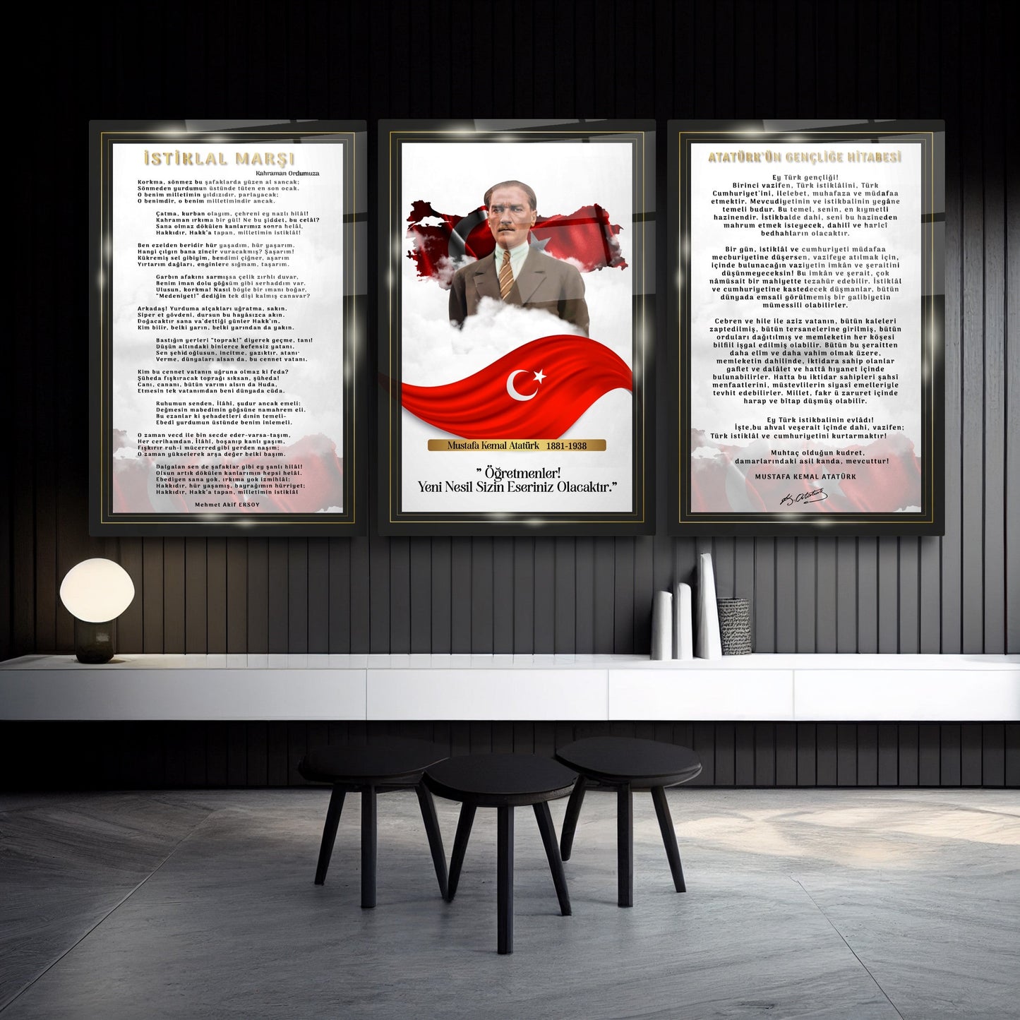 Atatürk Köşesi Üçlü Set Cam Tablo