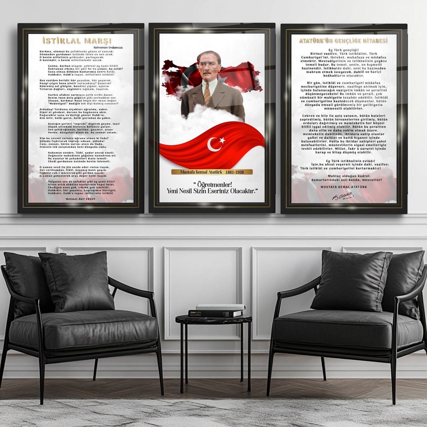 Atatürk Köşesi Üçlü Set Cam Tablo