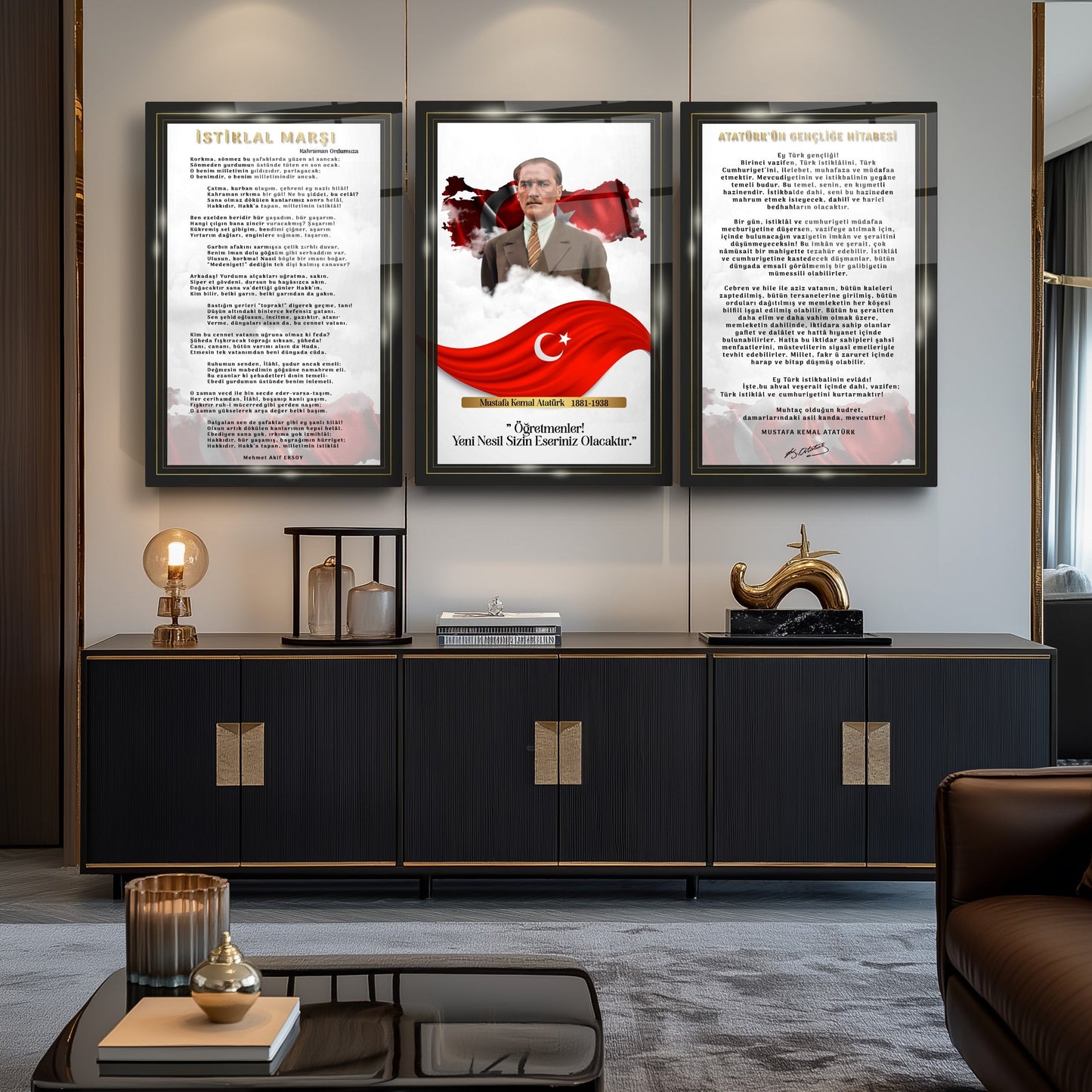 Atatürk Köşesi Üçlü Set Cam Tablo