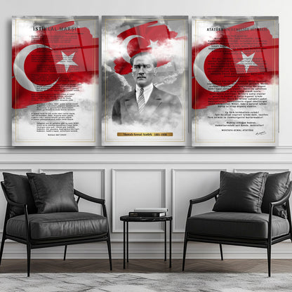 Atatürk Köşesi Üçlü Set Cam Tablo