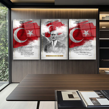 Atatürk Köşesi Üçlü Set Cam Tablo