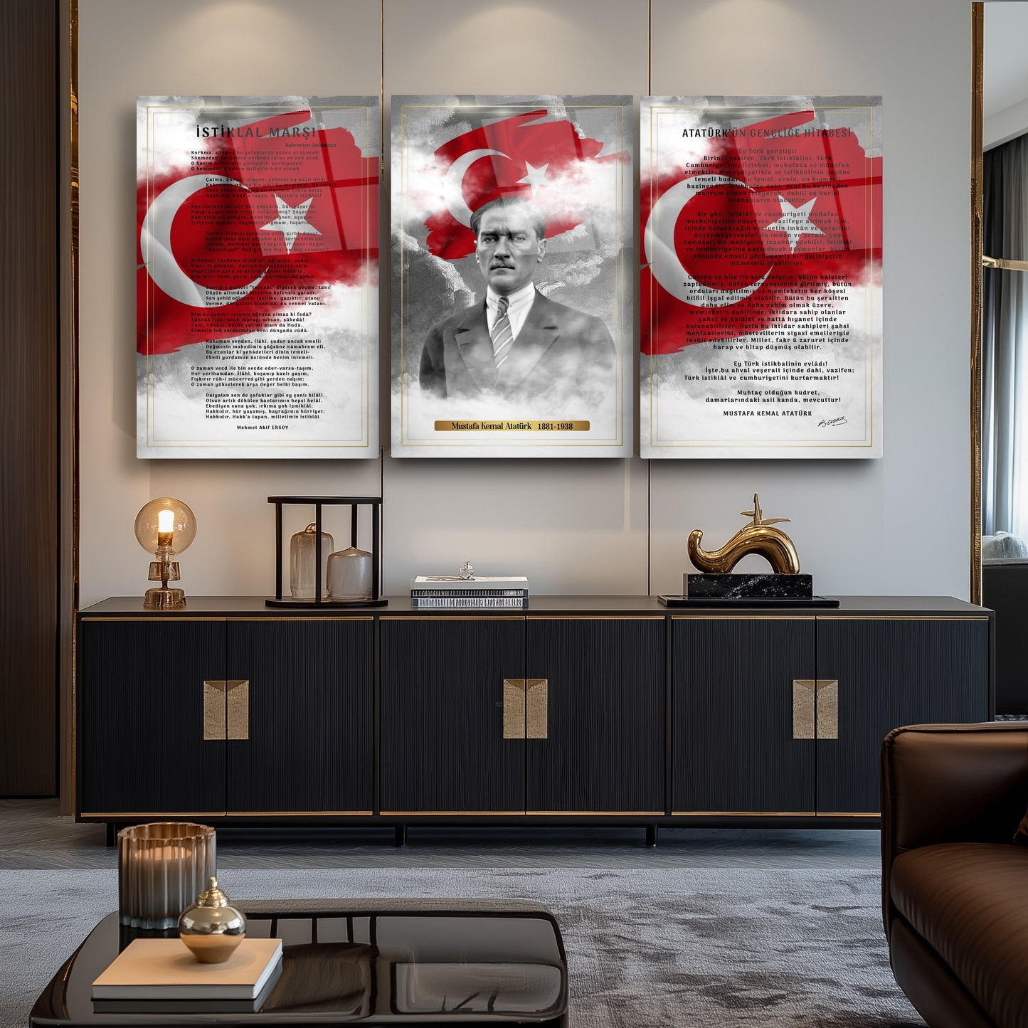 Atatürk Köşesi Üçlü Set Cam Tablo