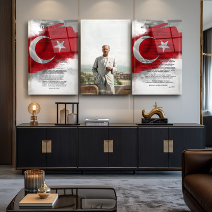 Atatürk Köşesi Üçlü Set Cam Tablo