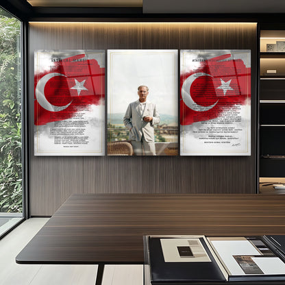 Atatürk Köşesi Üçlü Set Cam Tablo