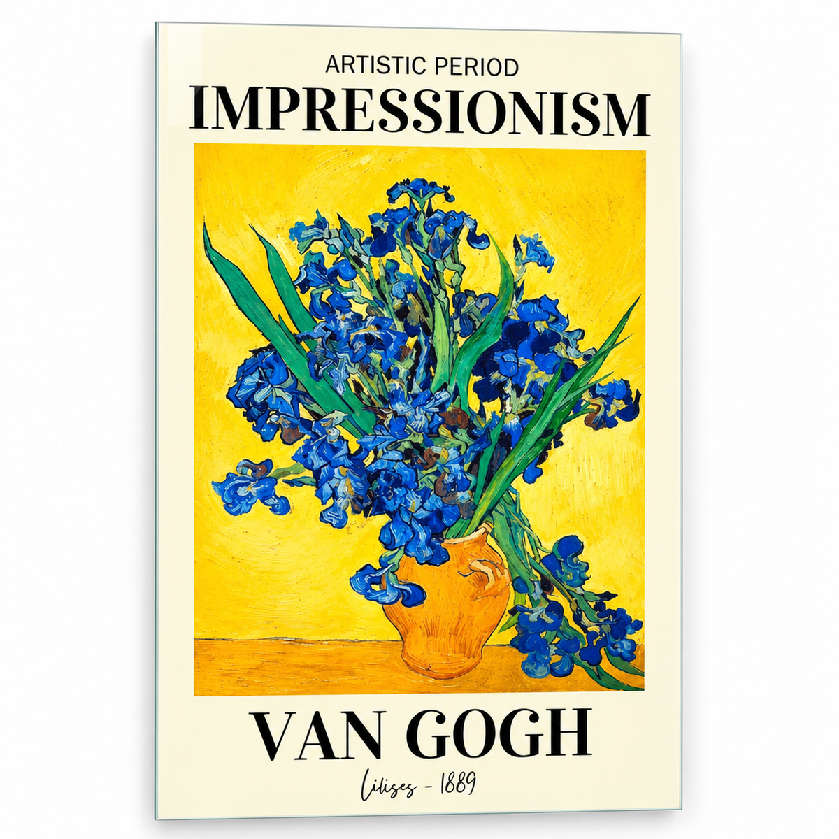 Van Gogh Sarı Zeminli Mavi Süsenler Dikey Cam Tablo - Beyaz zemin vitrin