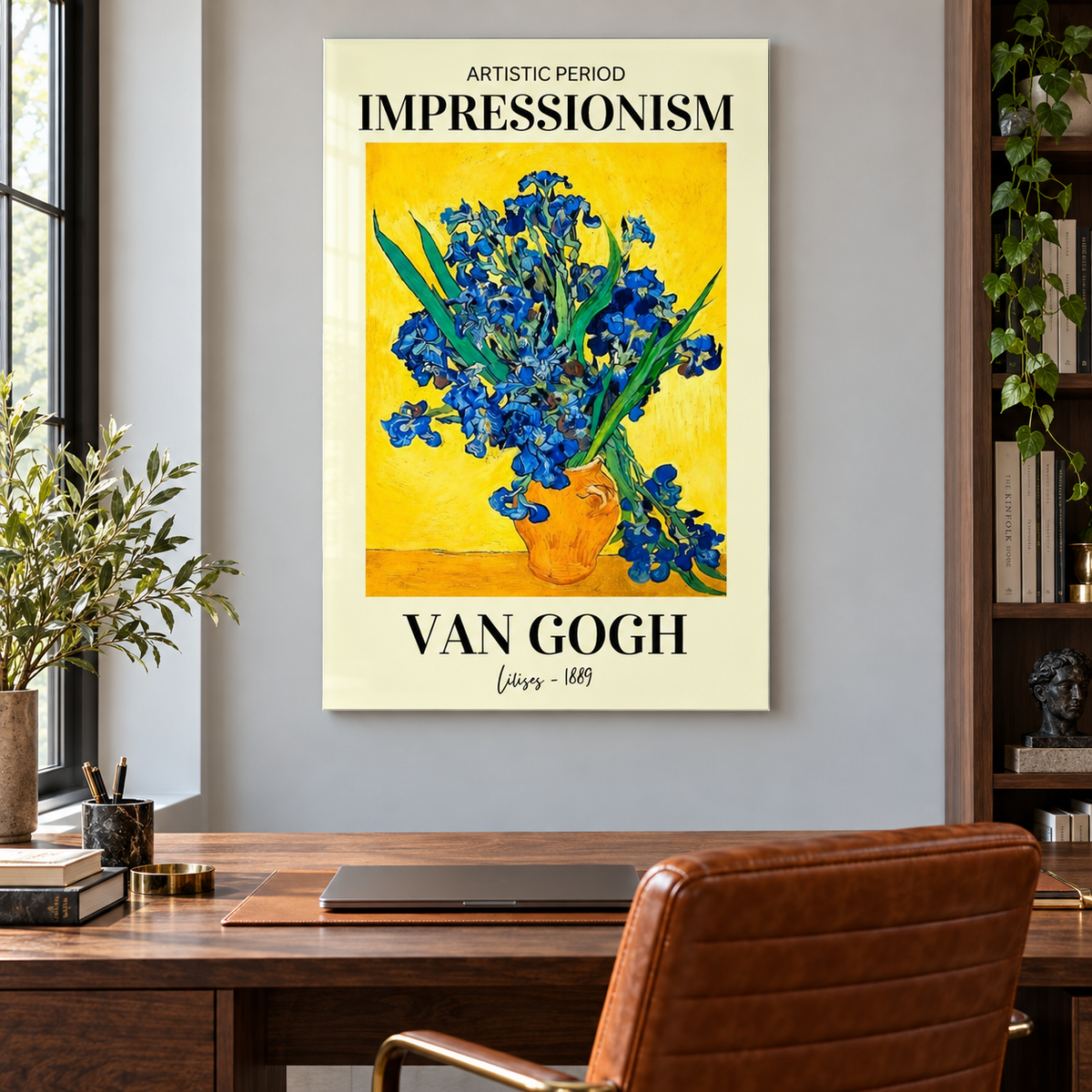 Van Gogh Sarı Zeminli Mavi Süsenler Dikey Cam Tablo - Çalışma odası