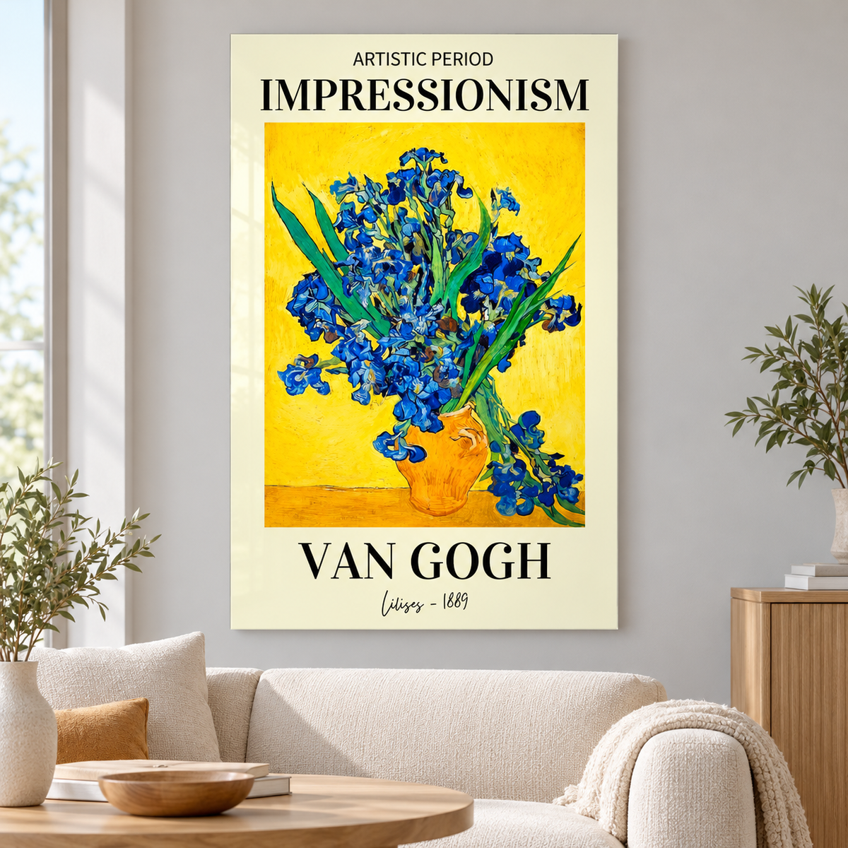 Van Gogh Sarı Zeminli Mavi Süsenler Dikey Cam Tablo - Premium salon