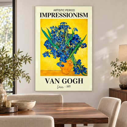 Van Gogh Sarı Zeminli Mavi Süsenler Dikey Cam Tablo - Yemek odası