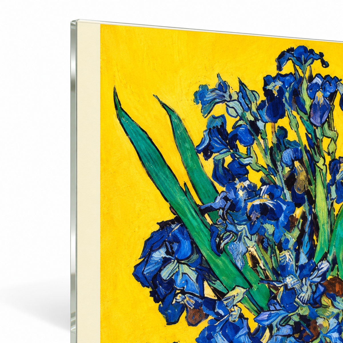 Van Gogh Sarı Zeminli Mavi Süsenler Dikey Cam Tablo - 4 mm cam kenarı