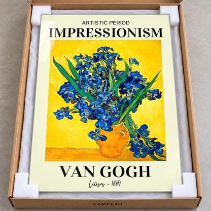 Van Gogh Sarı Zeminli Mavi Süsenler Dikey Cam Tablo - Koruyucu paketleme