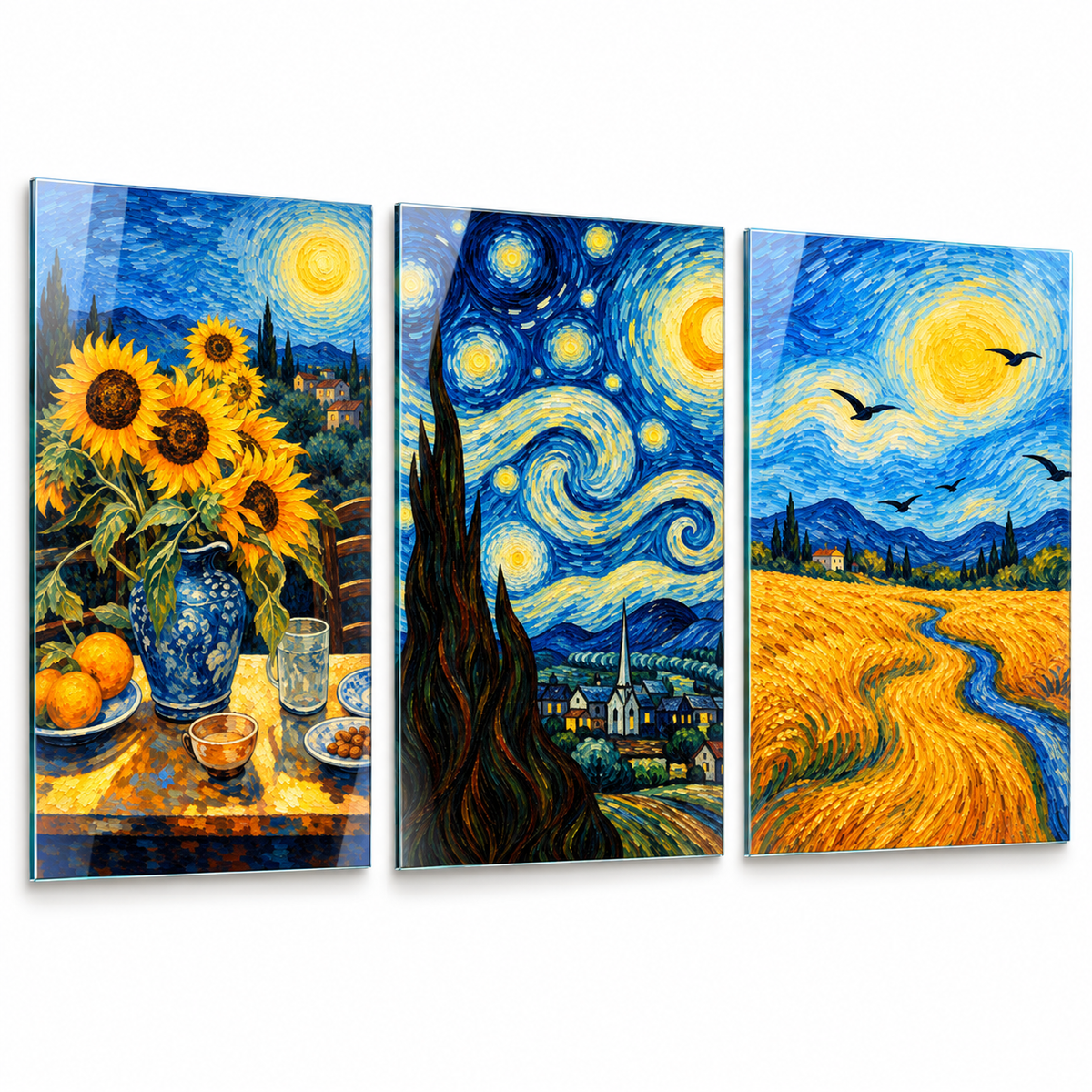 Van Gogh esintili ayçiçeği yıldızlı gece ve buğday tarlası 3'lü cam tablo beyaz zemin vitrin