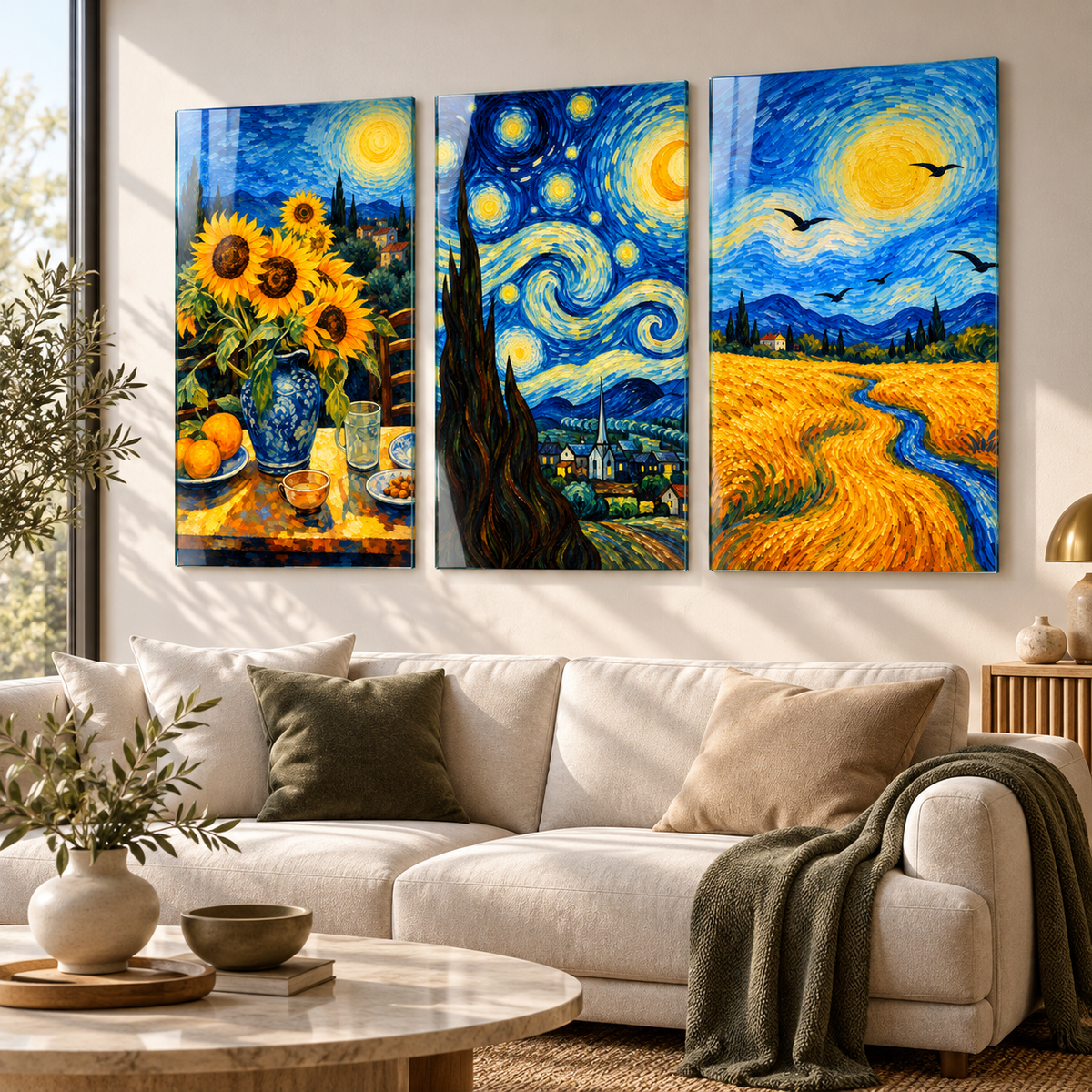 Van Gogh esintili 3'lü cam tablo modern salon