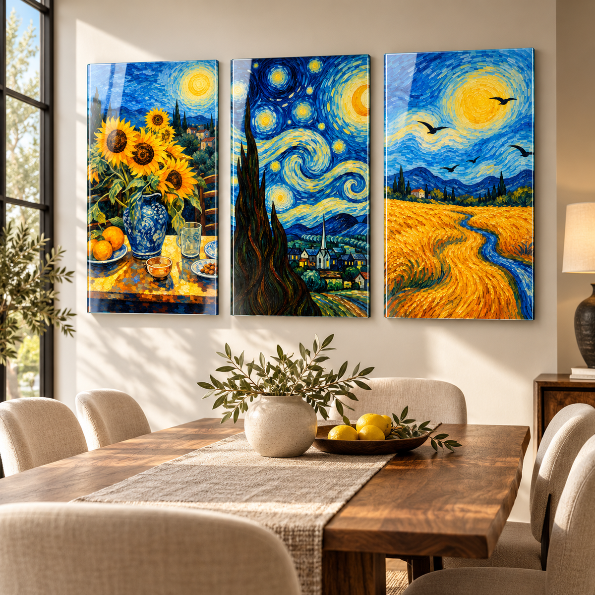 Van Gogh esintili 3'lü cam tablo yemek odası