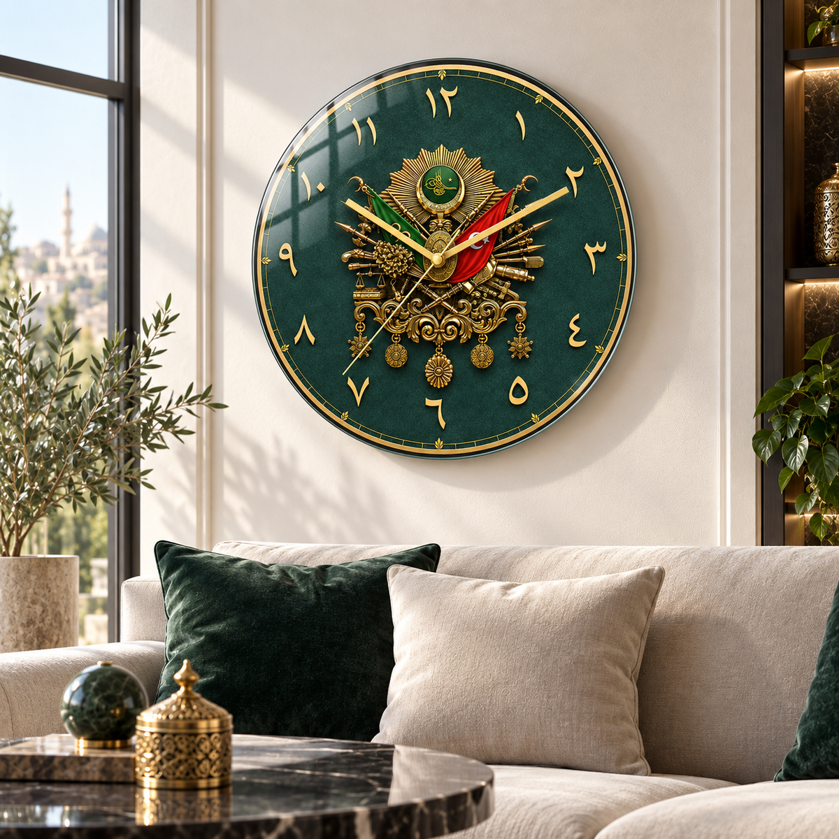 Zümrüt yeşili ve gold Osmanlı armalı cam duvar saati, salon dekorasyonunda